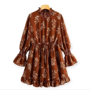 Floral Print Smocked Ruffle Mini Dress Long Sleeve S